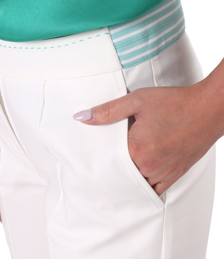 Elegant stretch cotton trousers with decorative elasticated waistband