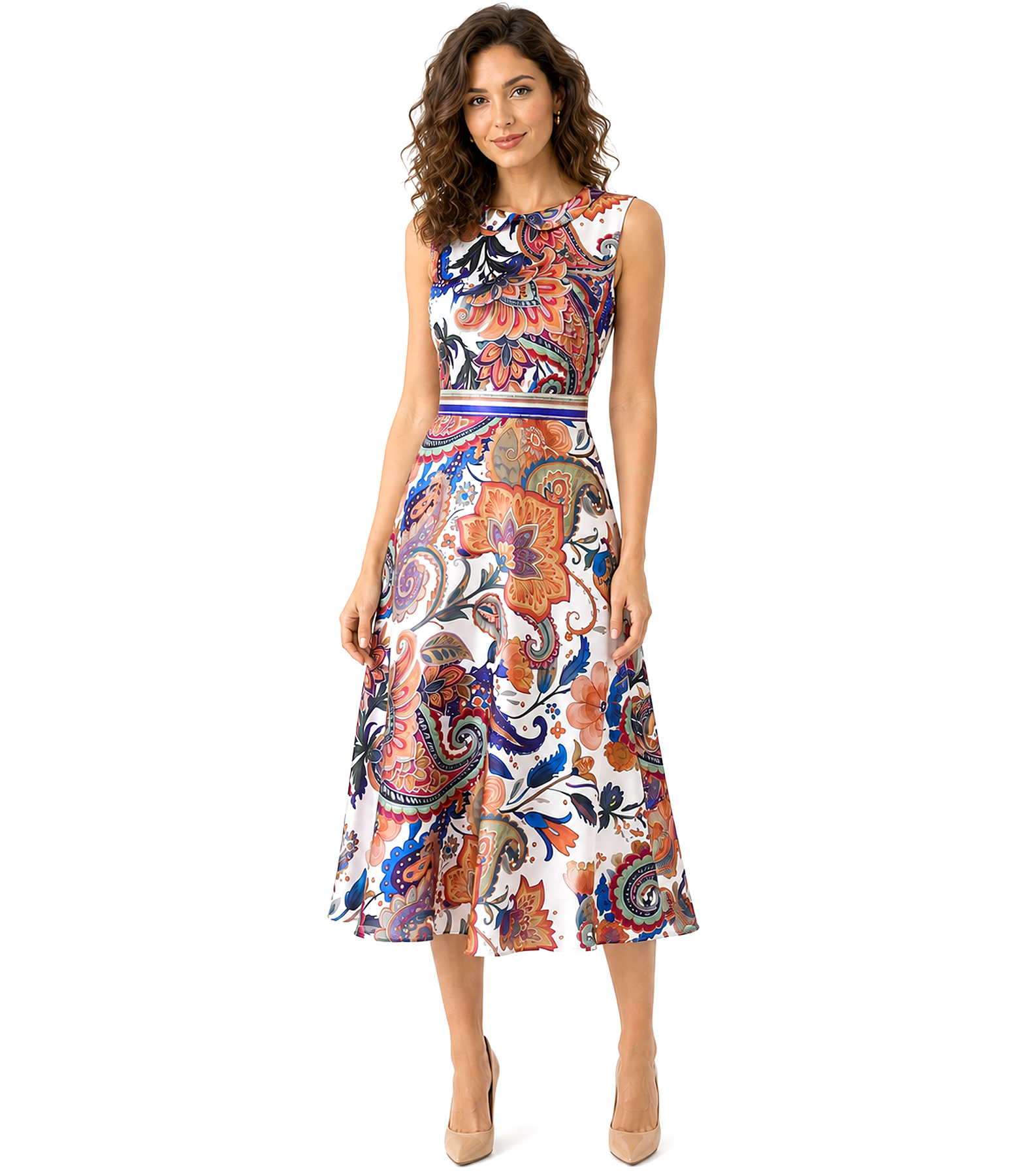 Midi dress in natural silk with paisley print