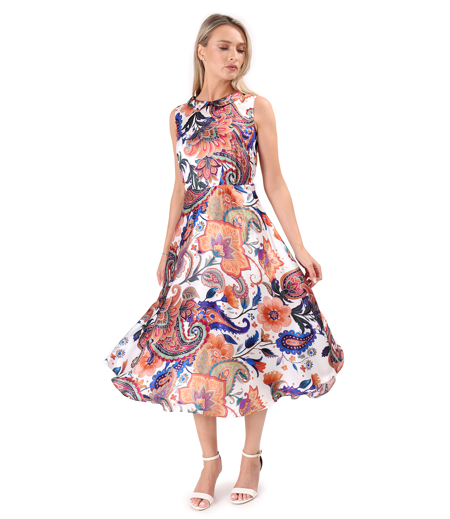 Midi dress in natural silk with paisley print