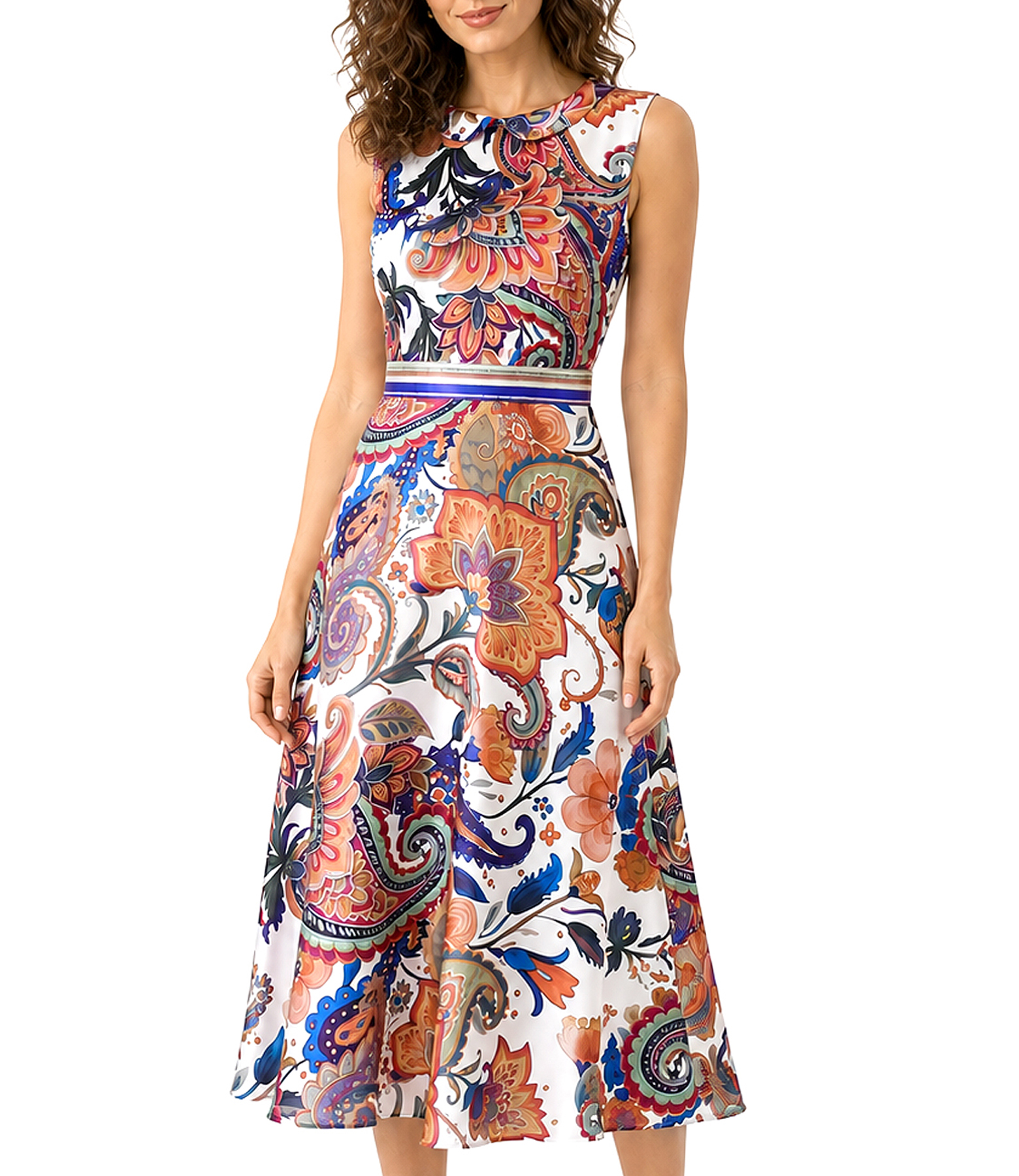Midi dress in natural silk with paisley print