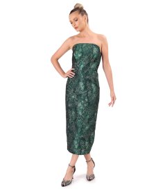 Rochie midi de cocktail cu corset din brocard cu fir metalic si motive florale
