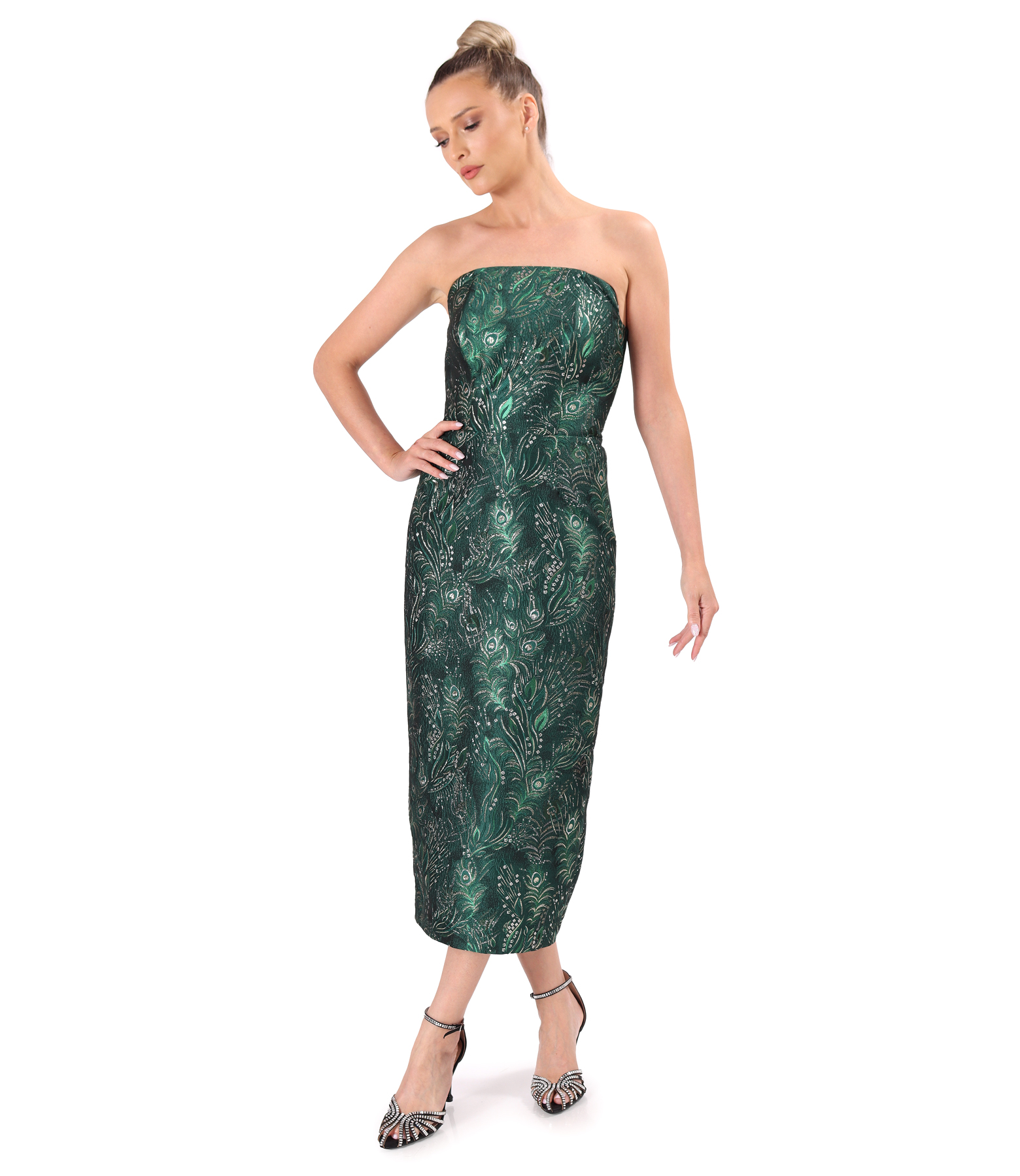 Midi cocktail dress with floral metallic jacquard corset