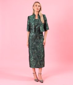 Midi cocktail dress with floral metallic jacquard corset