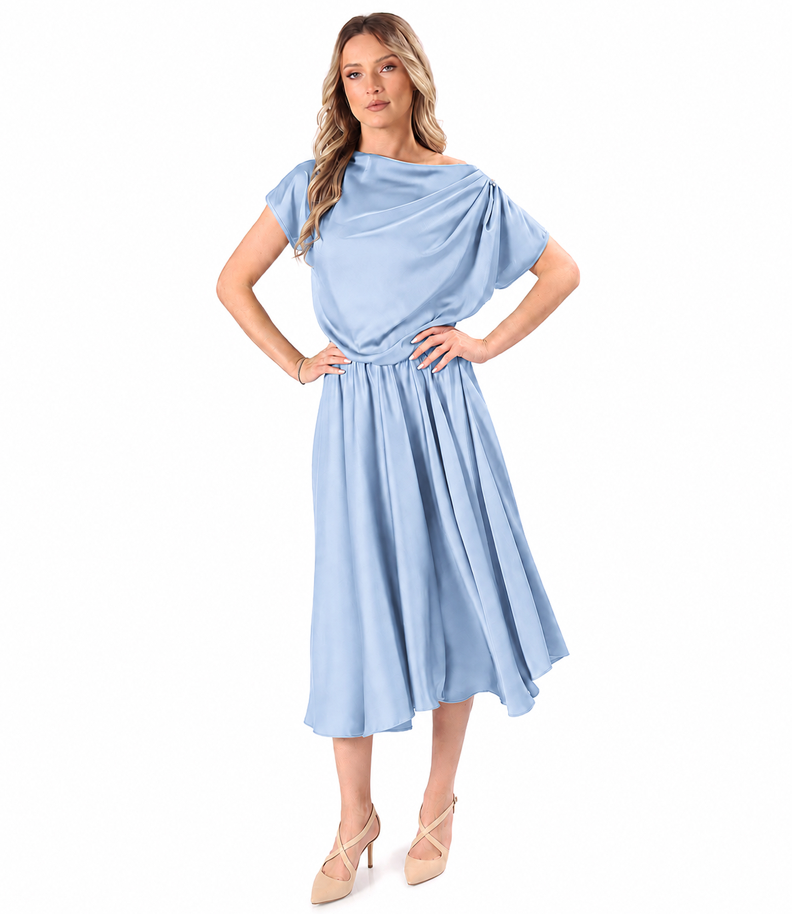 Midi dress in stretch satin with boat neckline