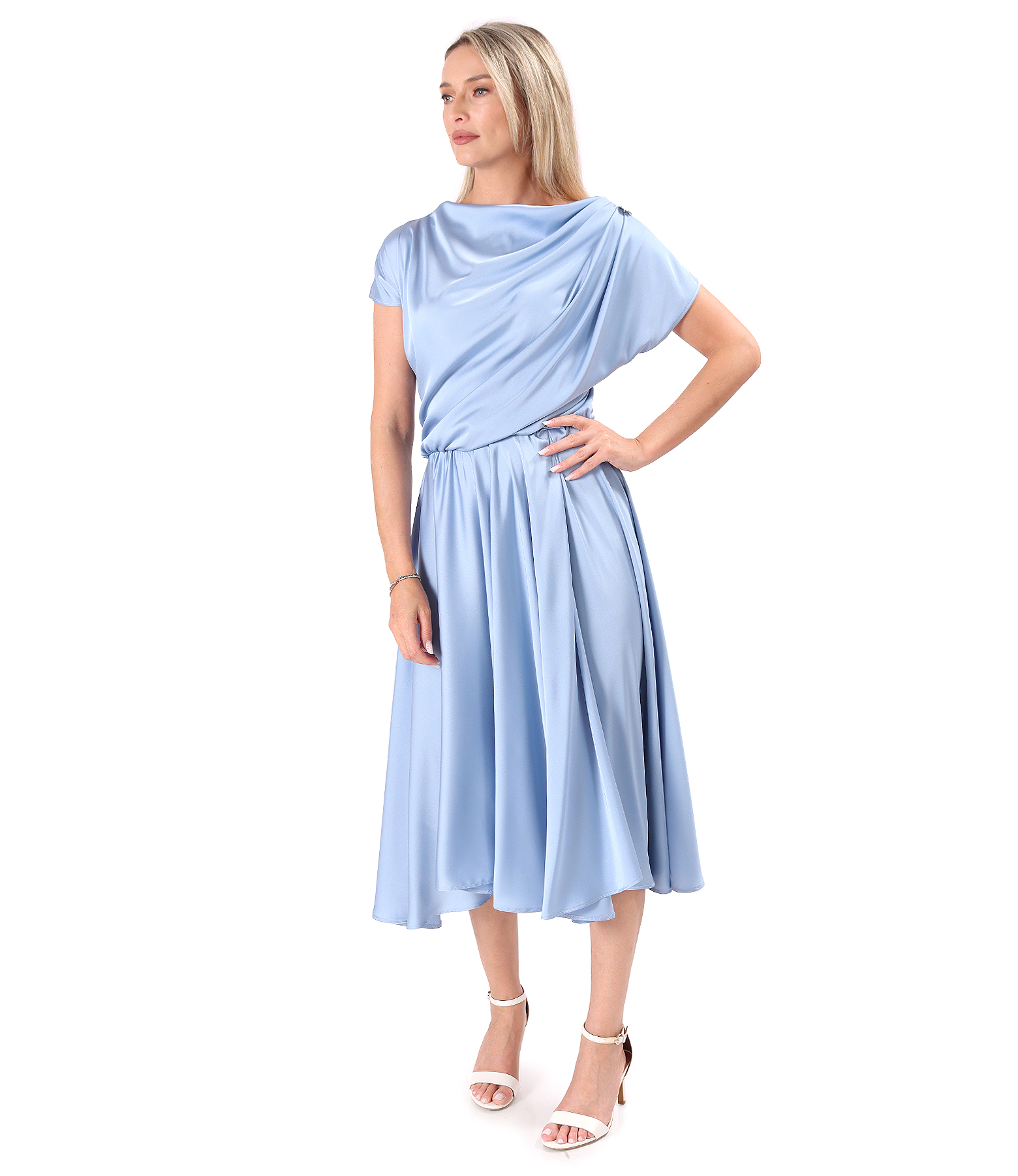 Midi dress in stretch satin with boat neckline