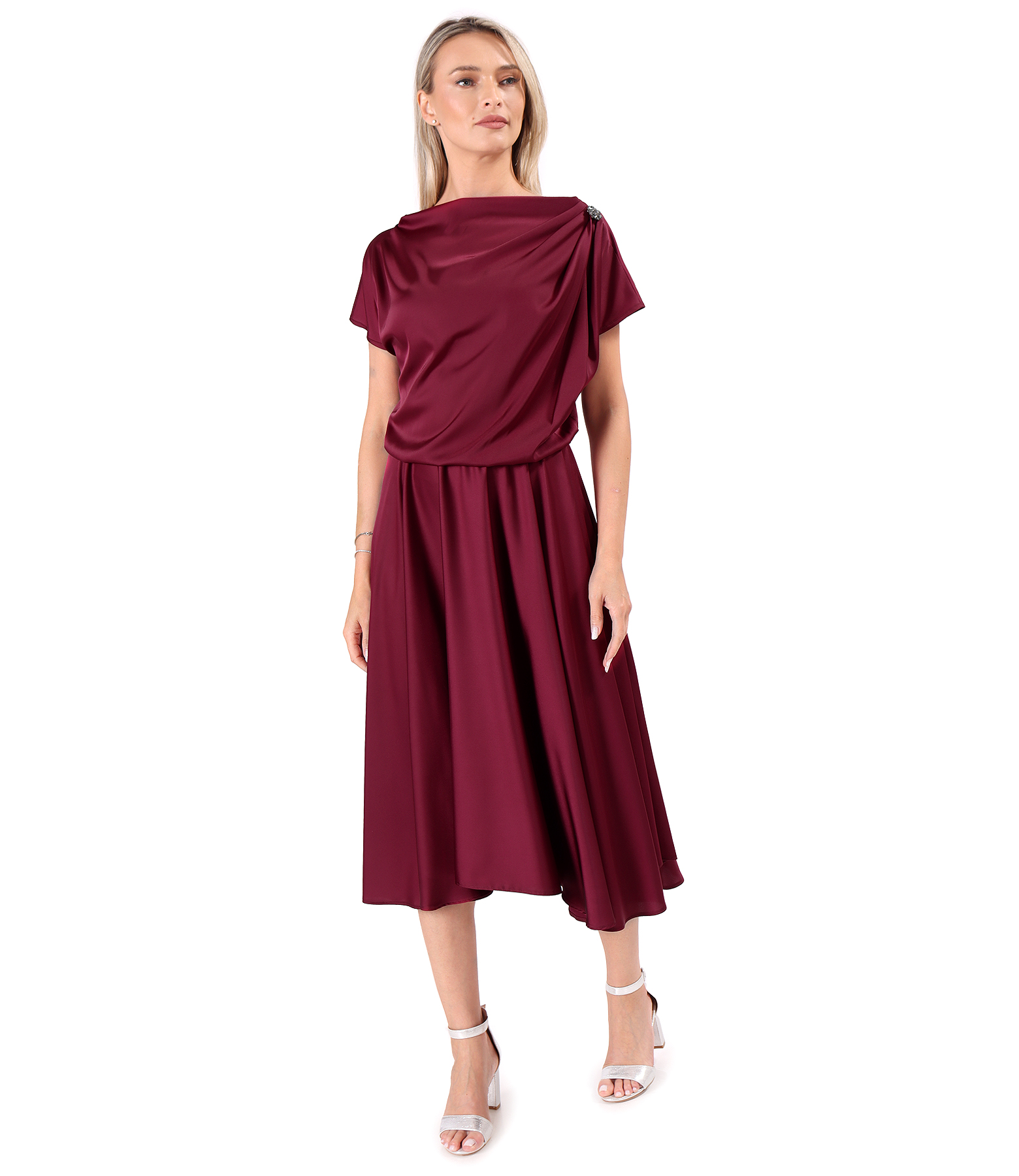 Midi dress in stretch satin with boat neckline