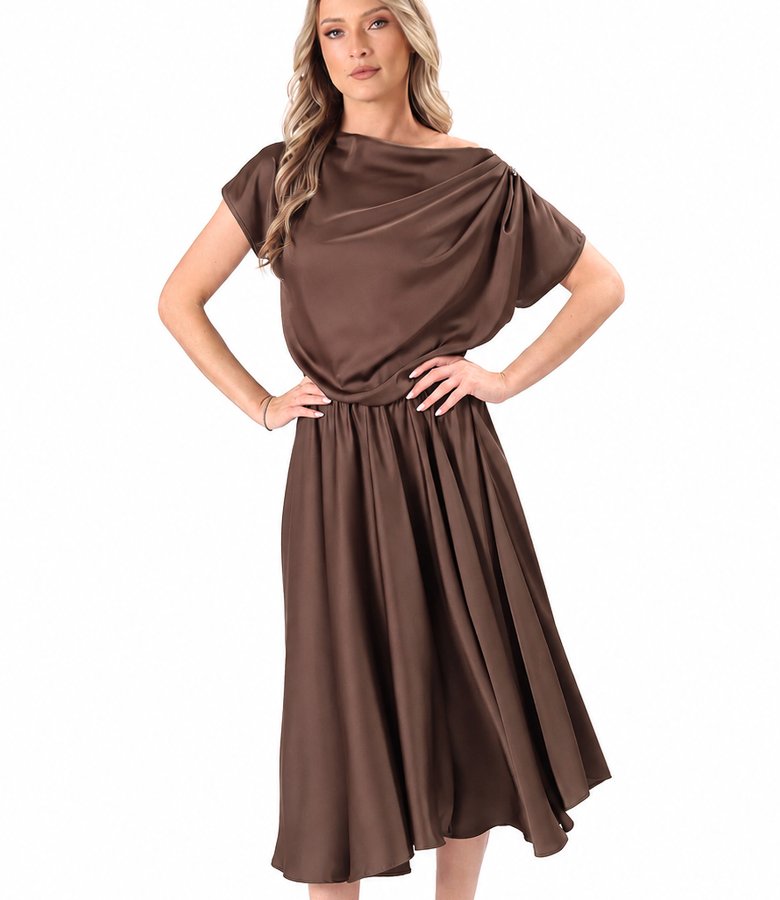 Midi dress in stretch satin with boat neckline