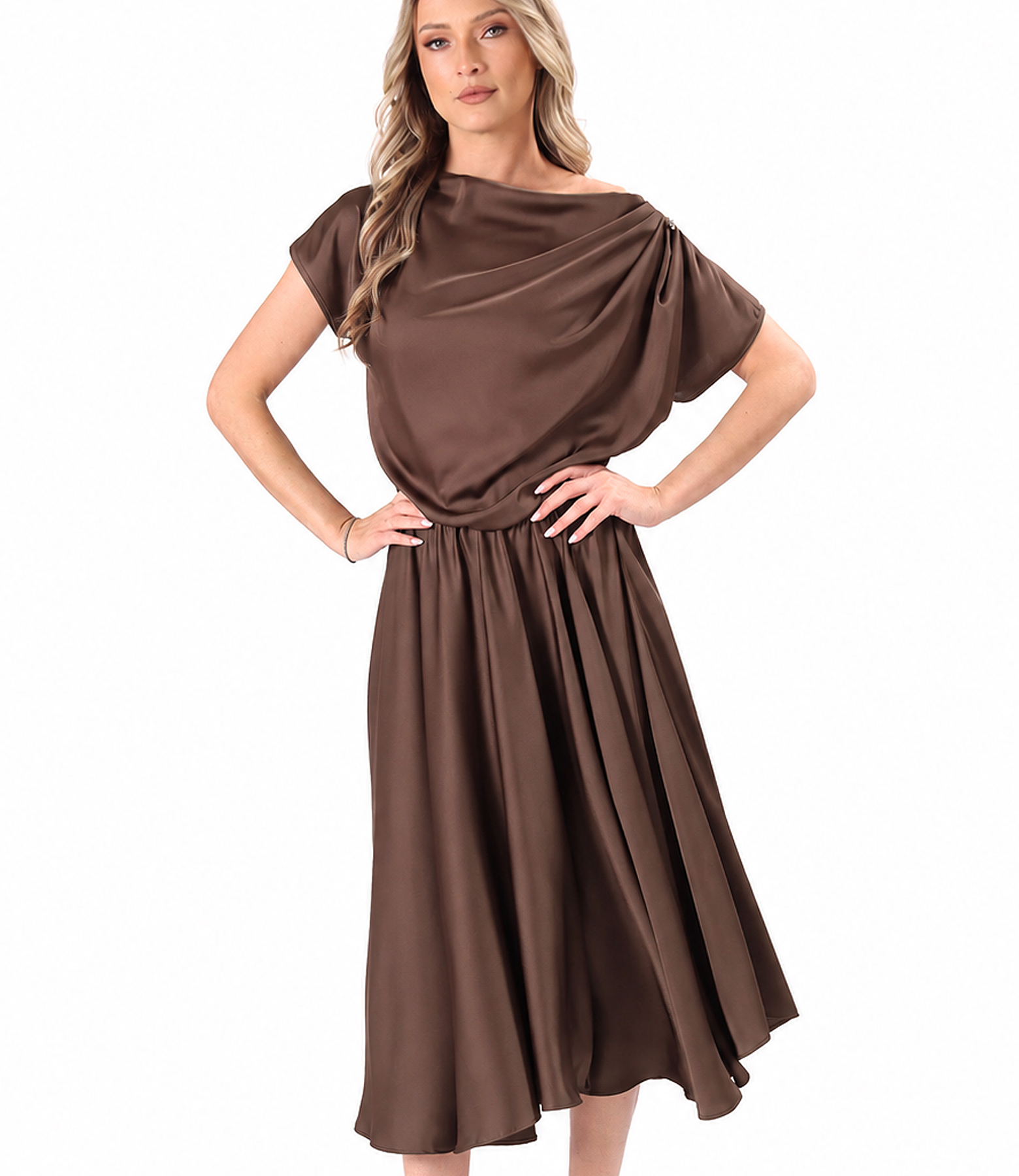 Midi dress in stretch satin with boat neckline
