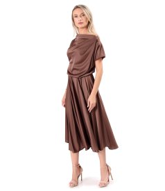 Midi dress in stretch satin with boat neckline