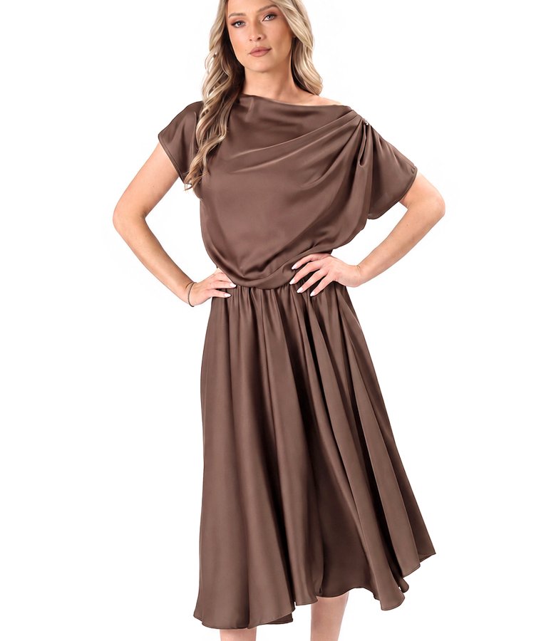 Midi dress in stretch satin with boat neckline