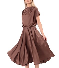 Midi dress in stretch satin with boat neckline