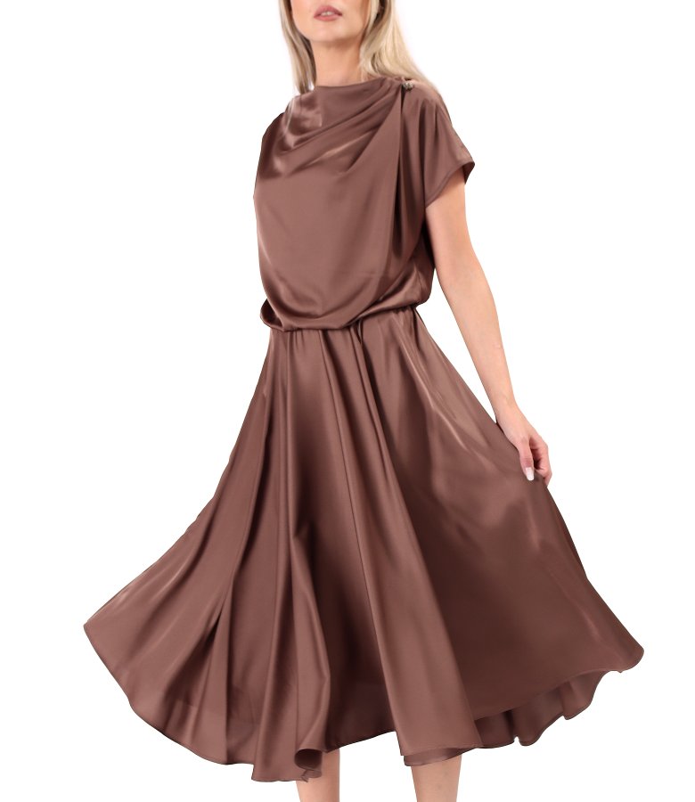 Midi dress in stretch satin with boat neckline