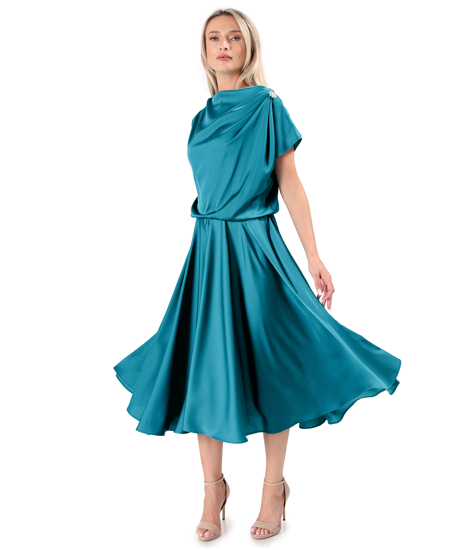 Midi dress in stretch satin with boat neckline