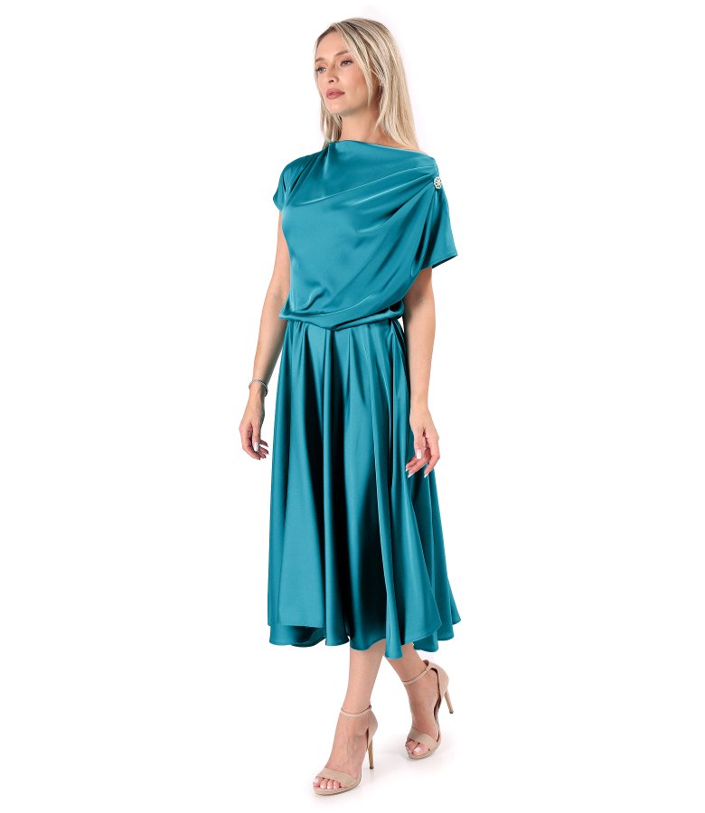 Midi dress in stretch satin with boat neckline