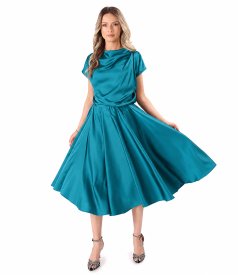 Midi dress in stretch satin with boat neckline