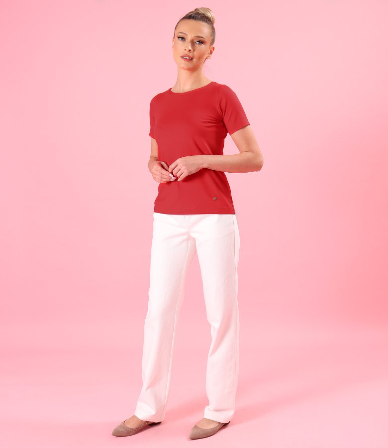 Short-sleeved top in plain stretch jersey