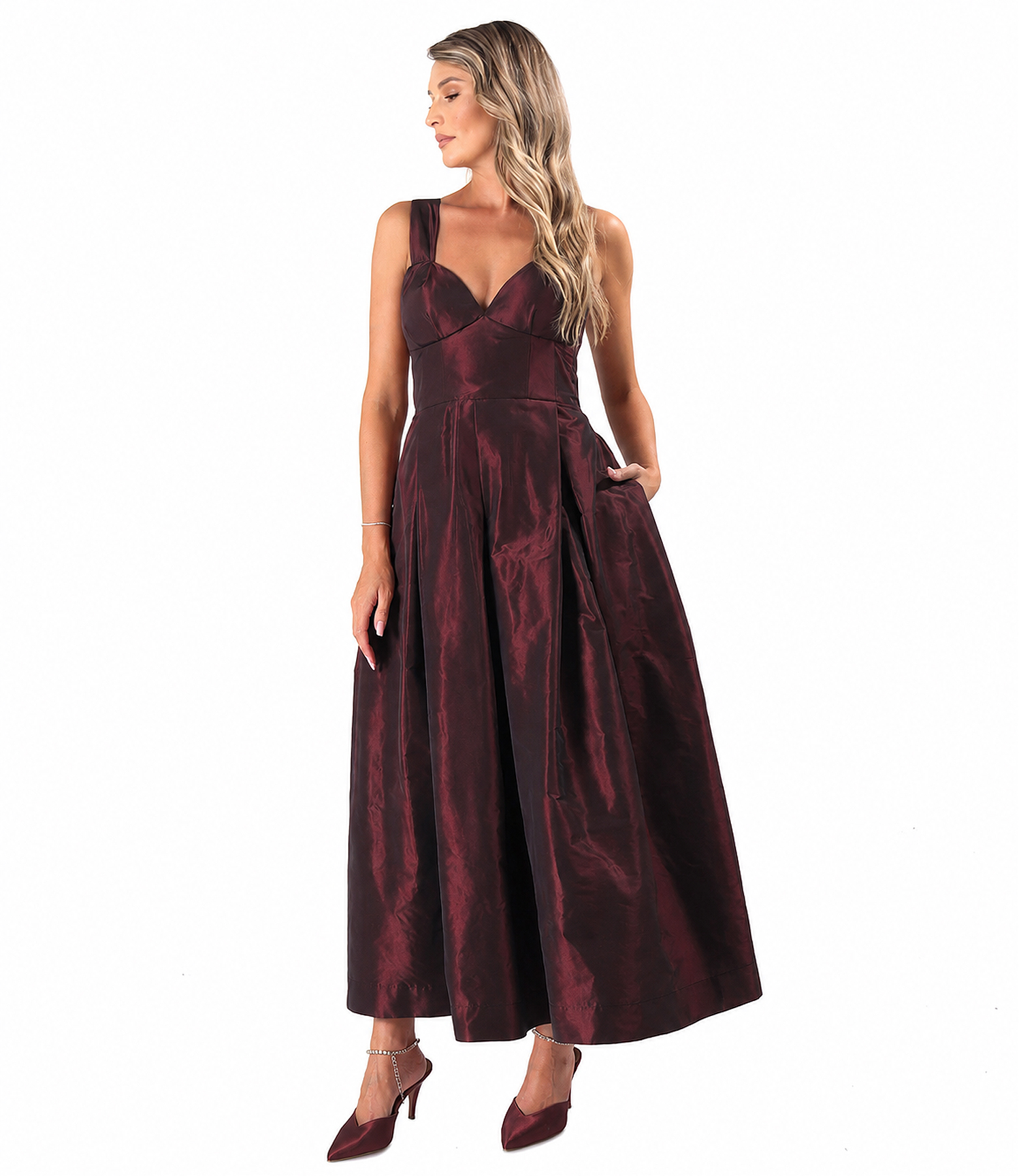 Flared matte taffeta dress with strappy corset