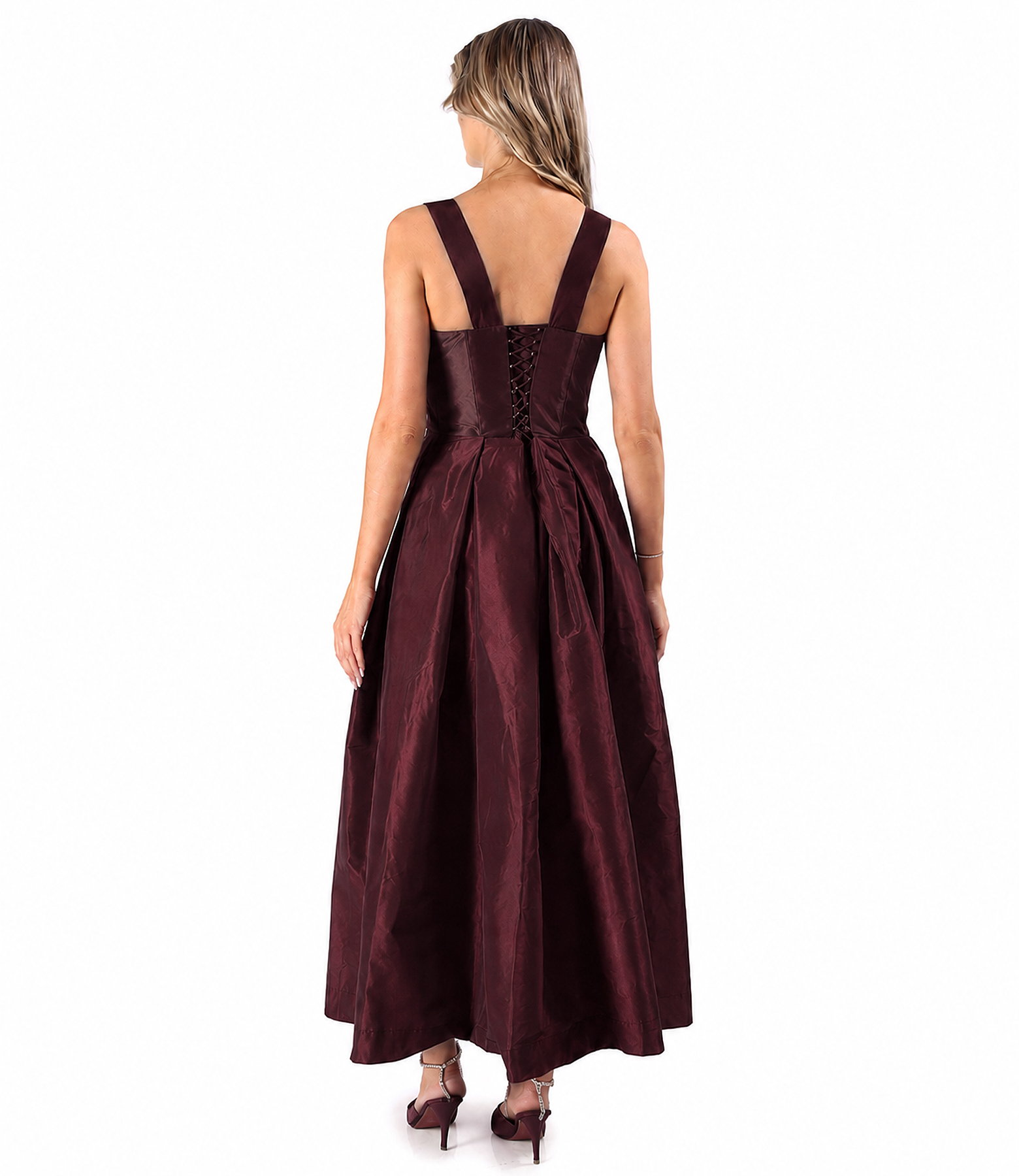 Flared matte taffeta dress with strappy corset