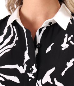Midi shirt dress in printed viscose with white stand collar