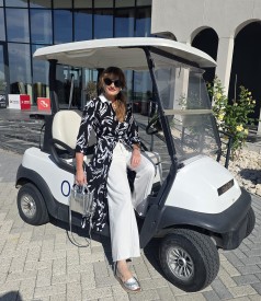 Shirt-style midi dress with wide-leg denim trousers