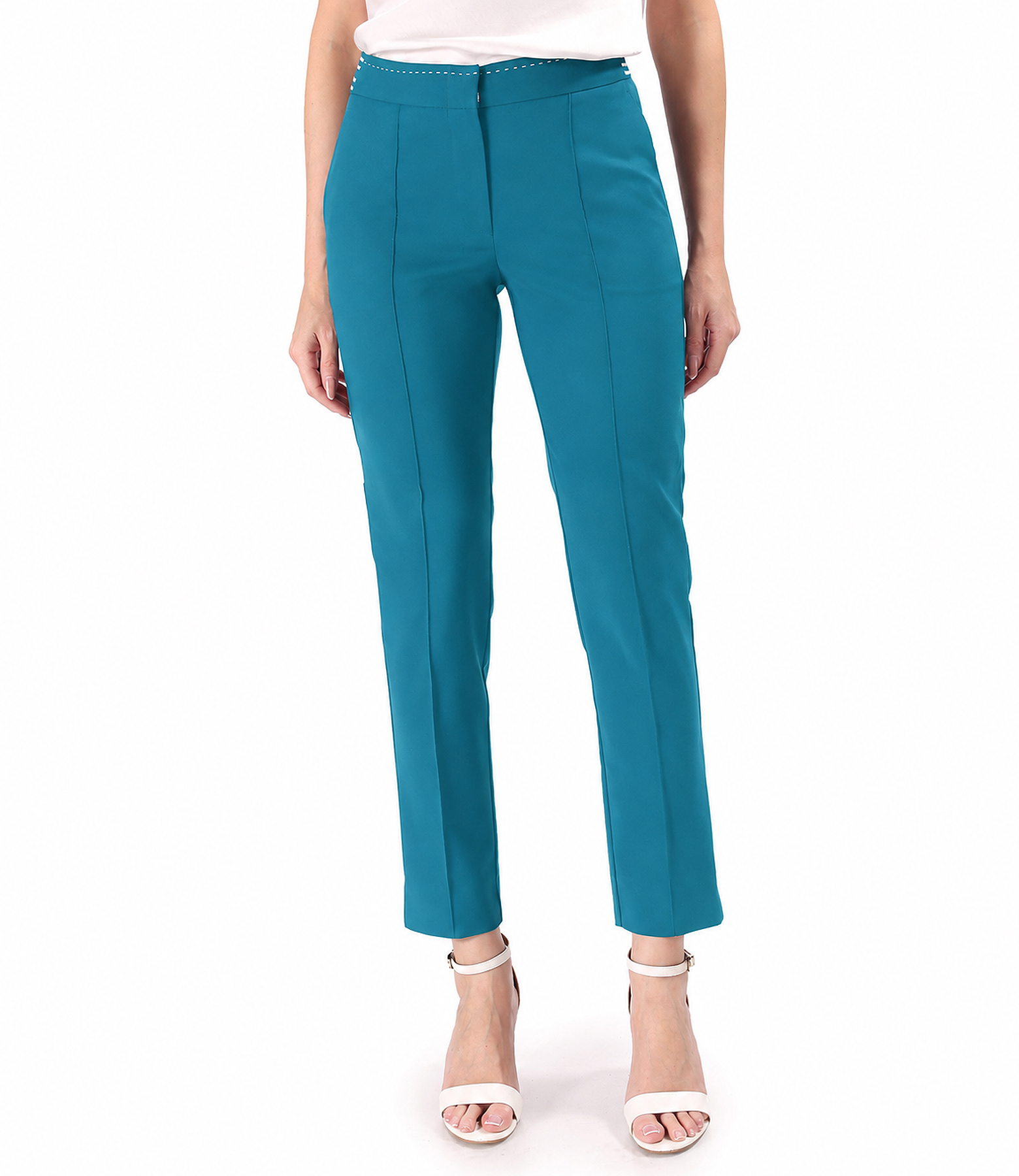 Elegant stretch cotton trousers with decorative elasticated waistband