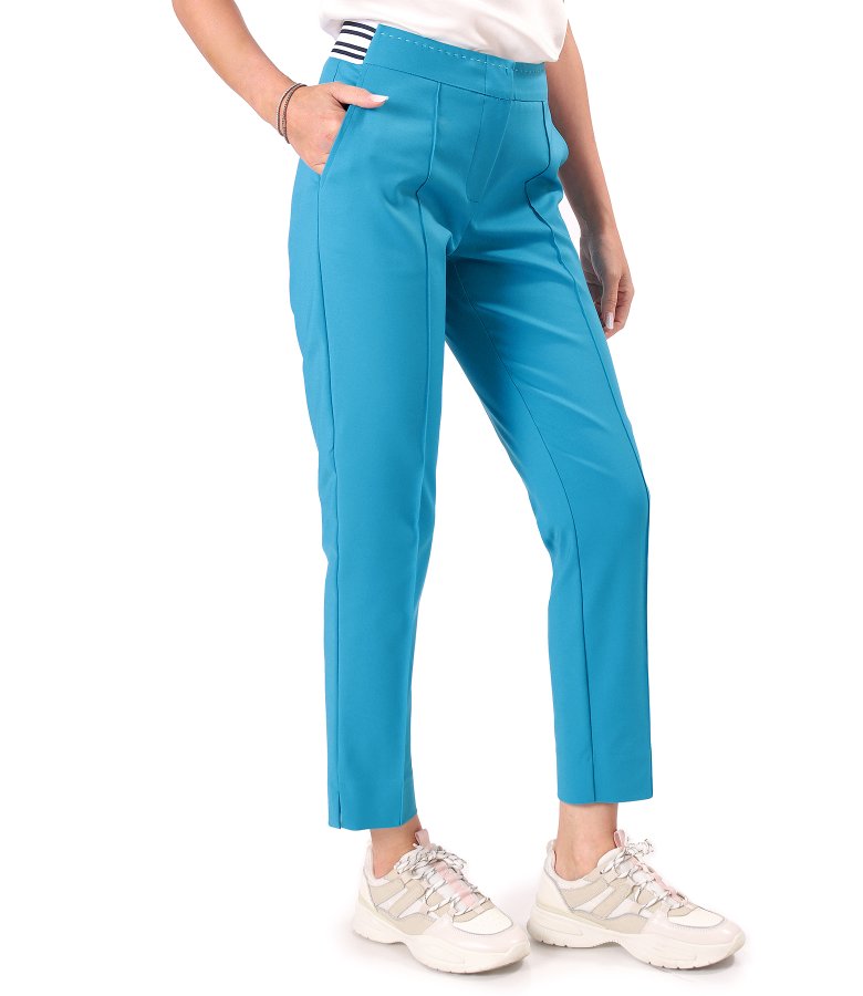 Elegant stretch cotton trousers with decorative elasticated waistband