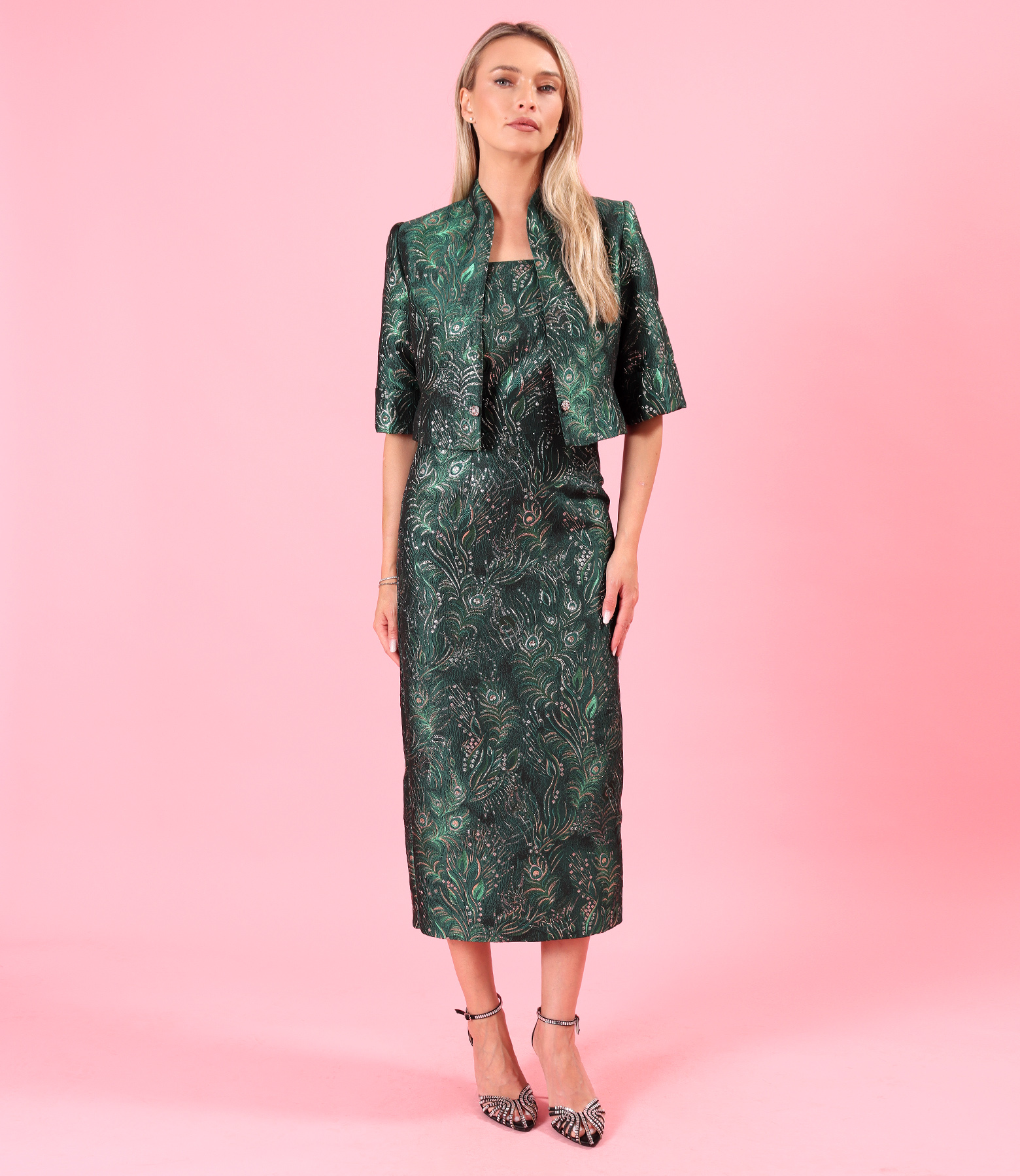 Evening bolero in floral jacquard with metallic yarn