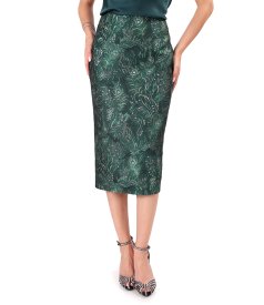 Evening midi skirt in jacquard with metallic yarn and floral motifs