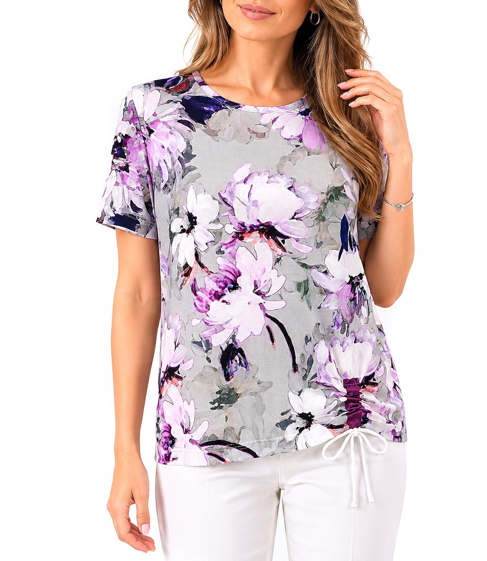 Stretch jersey blouse with drawstring hem