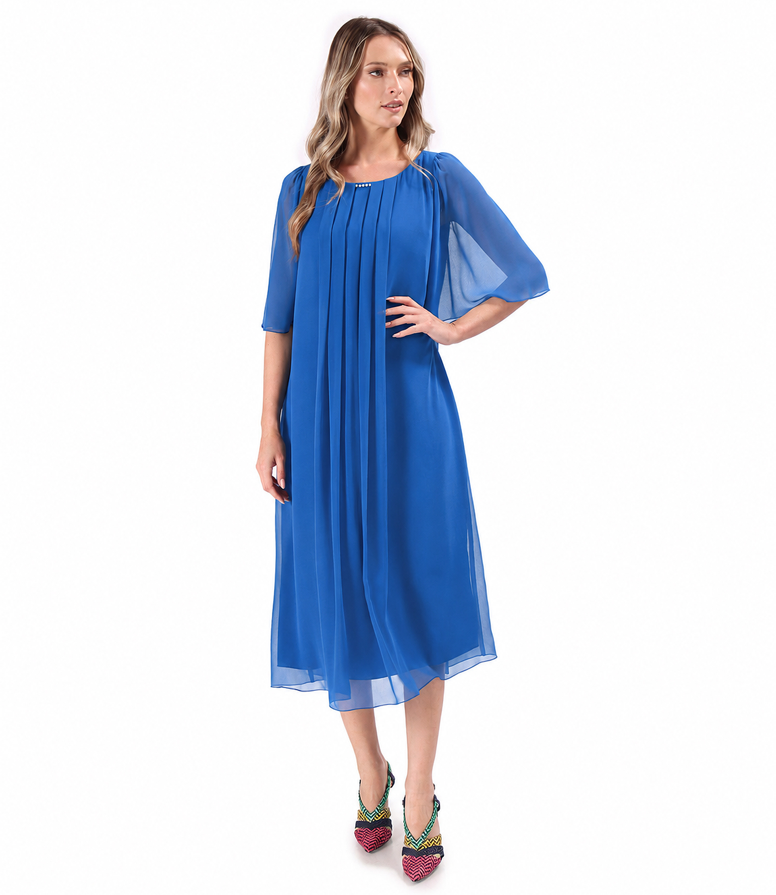 Midi evening dress in plain chiffon