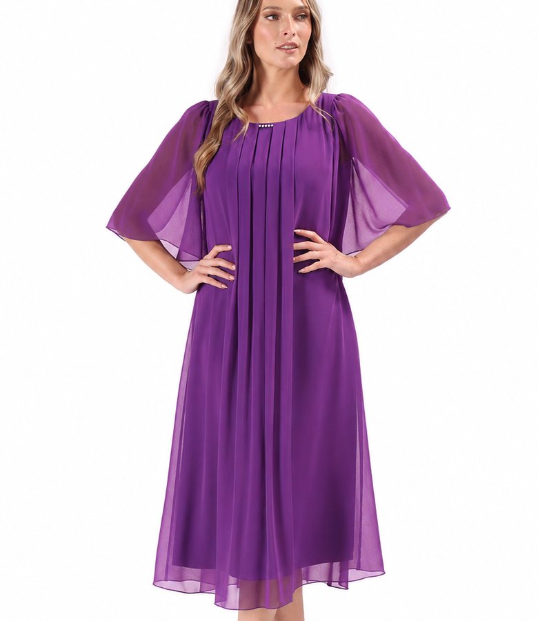 Midi evening dress in plain chiffon