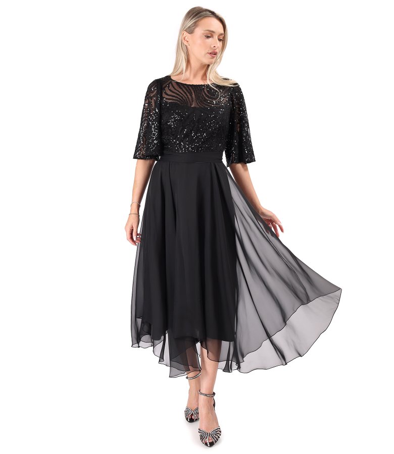 Midi evening dress in voile with a sequin bodice and voluminous sleeves