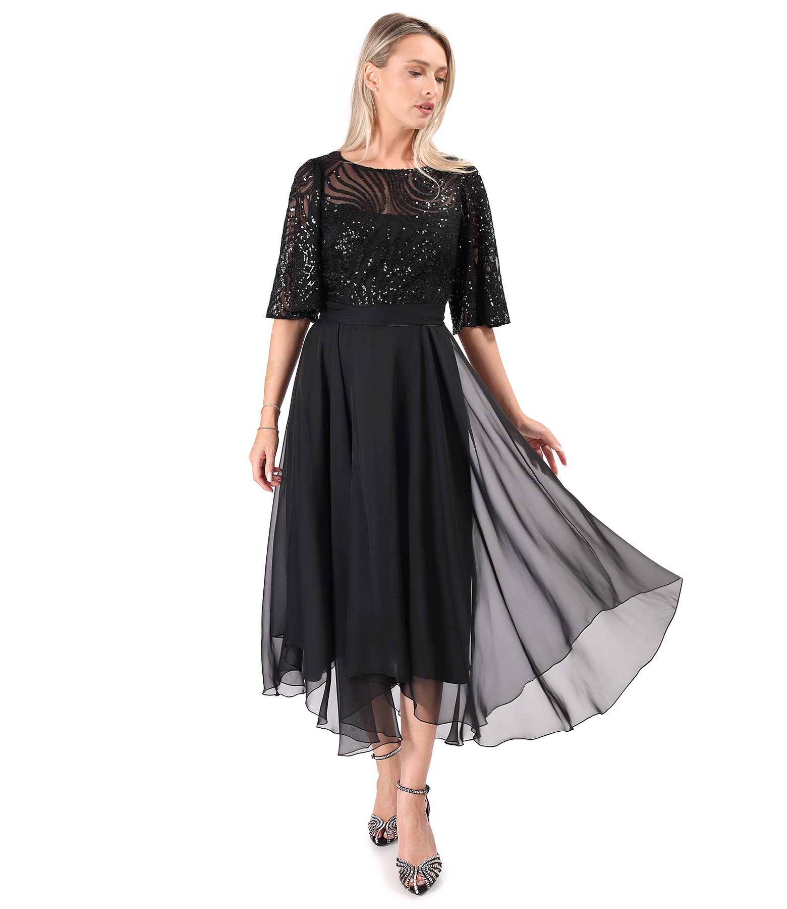 Midi evening dress in voile with a sequin bodice and voluminous sleeves