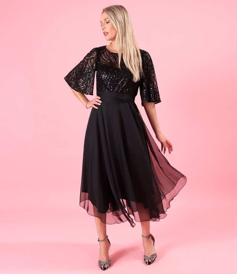 Midi evening dress in voile with a sequin bodice and voluminous sleeves