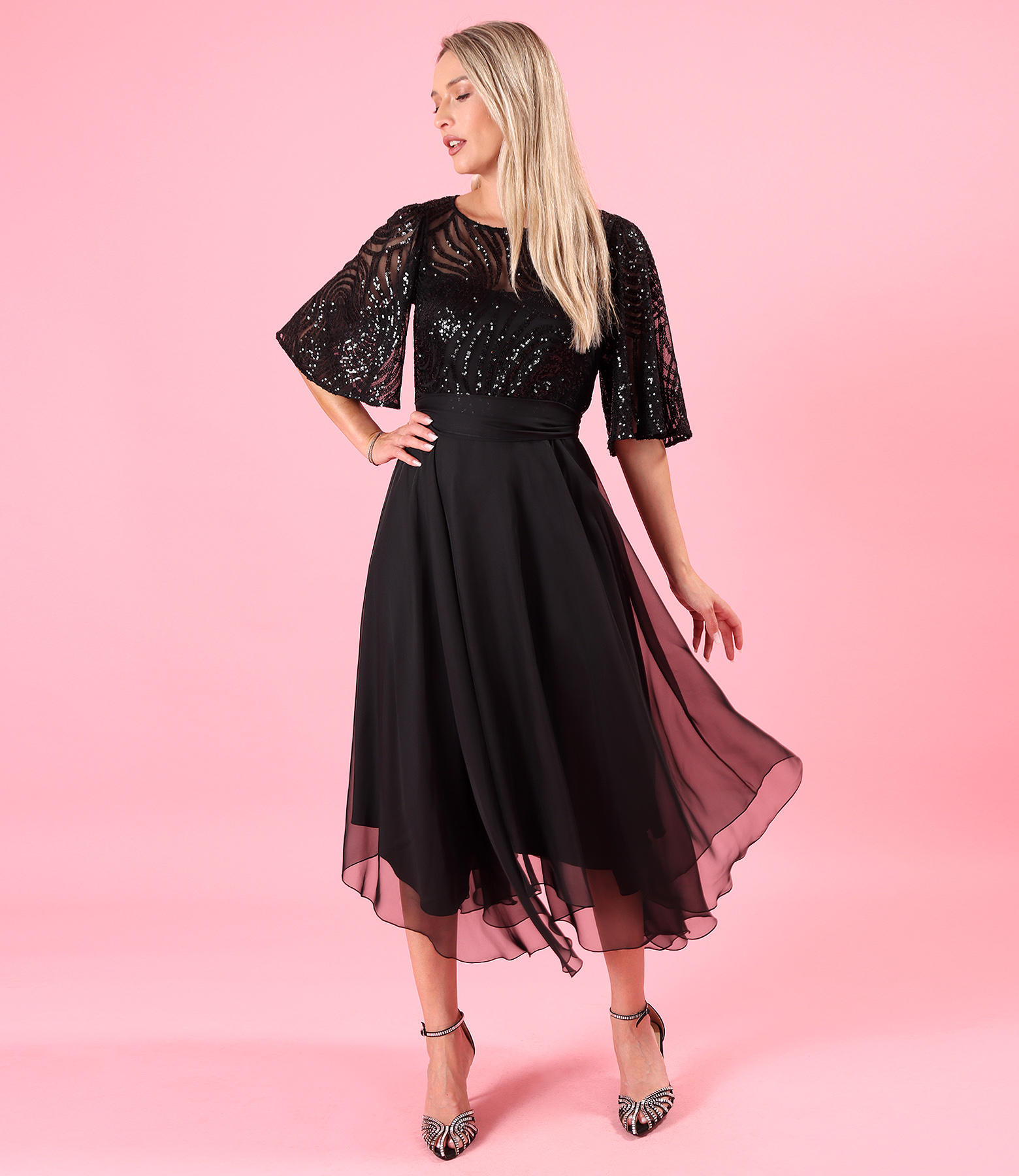Midi evening dress in voile with a sequin bodice and voluminous sleeves