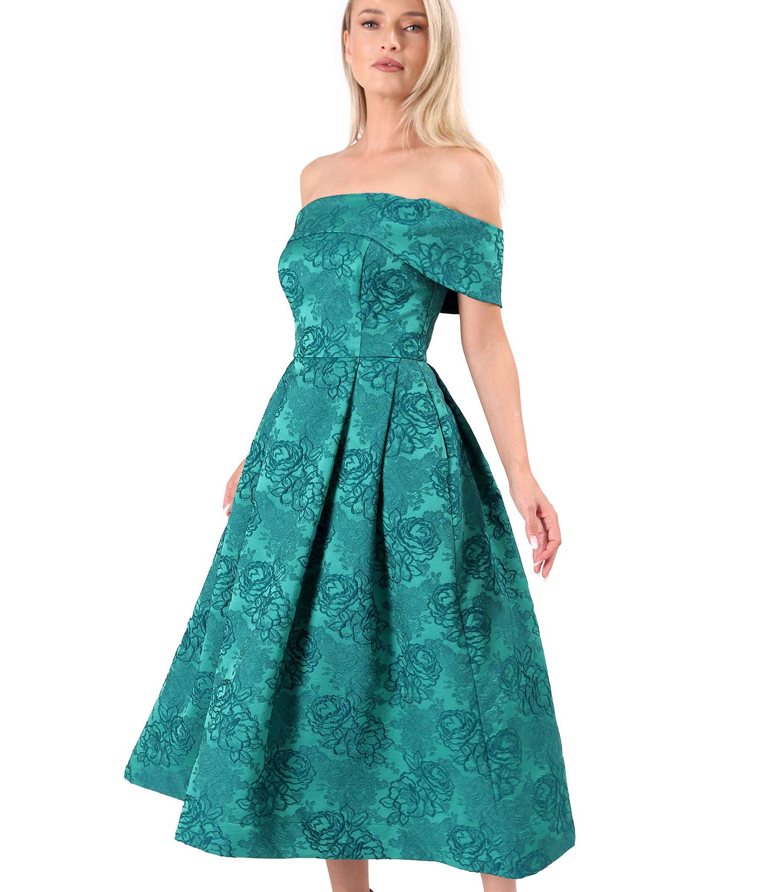 Elegant off-the-shoulder evening dress in floral jacquard