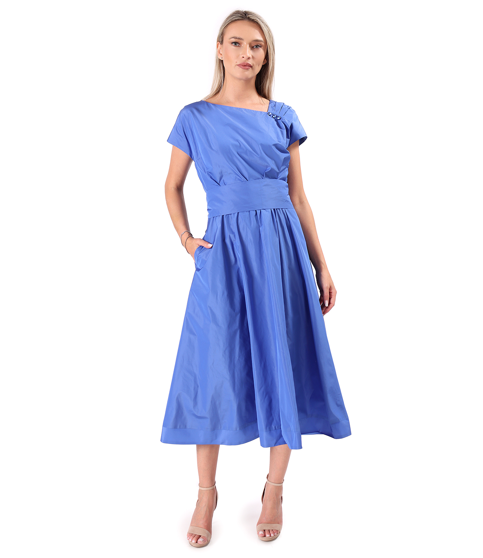 Midi dress in lightweight taffeta with bow belt and pearls