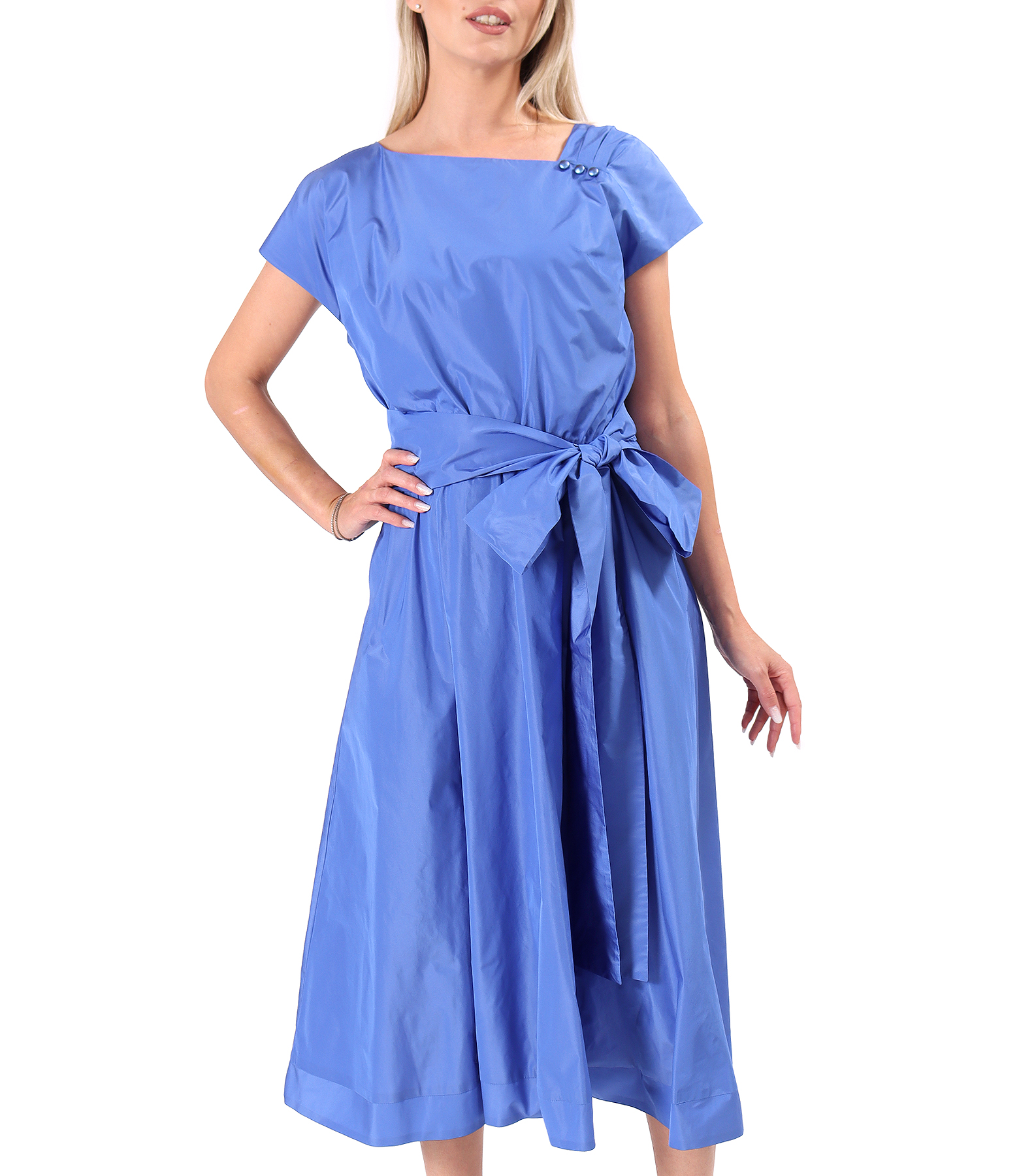 Midi dress in lightweight taffeta with bow belt and pearls
