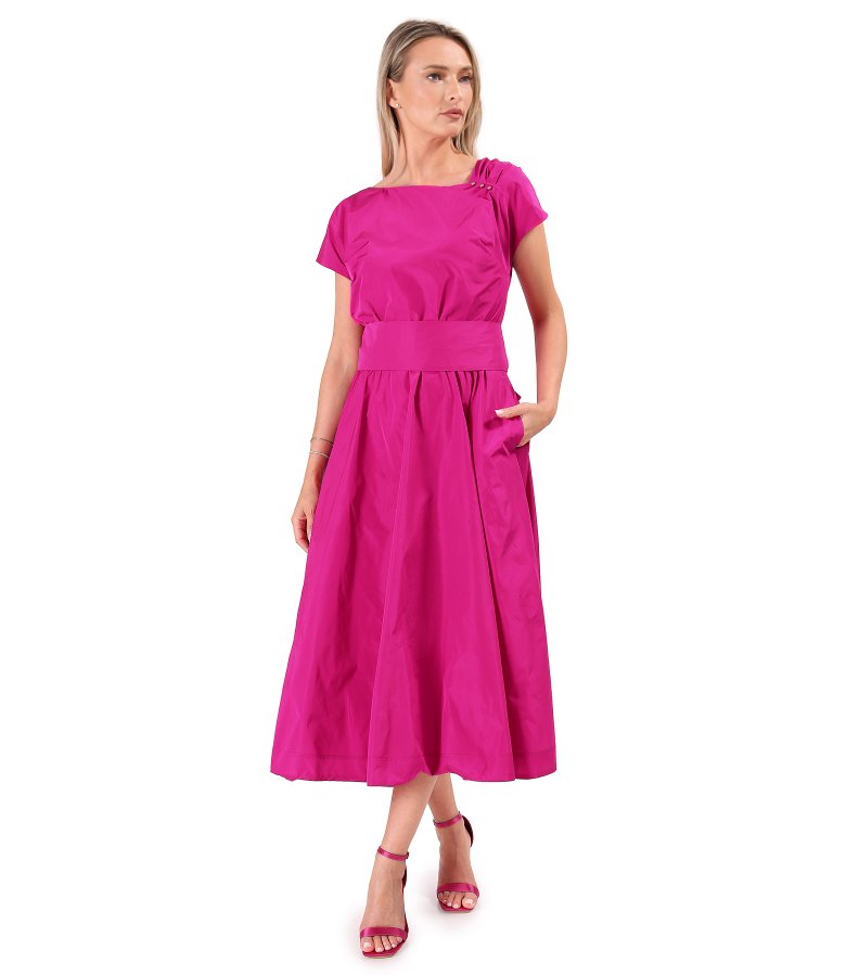Midi dress in lightweight taffeta with bow belt and pearls