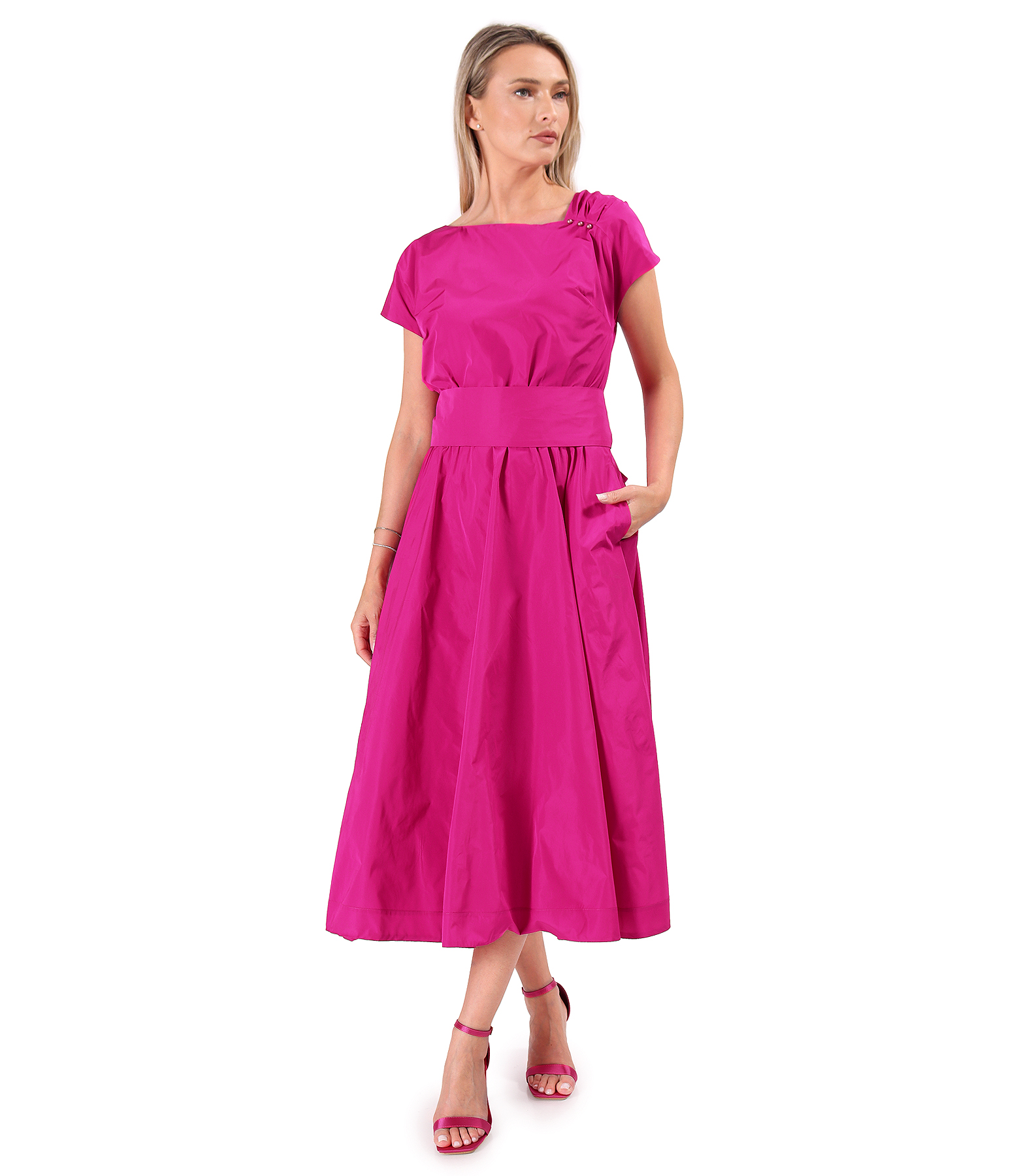 Midi dress in lightweight taffeta with bow belt and pearls