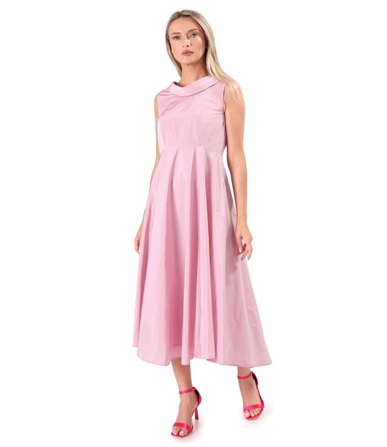 Midi cocktail dress in lightweight taffeta with bias collar and back train
