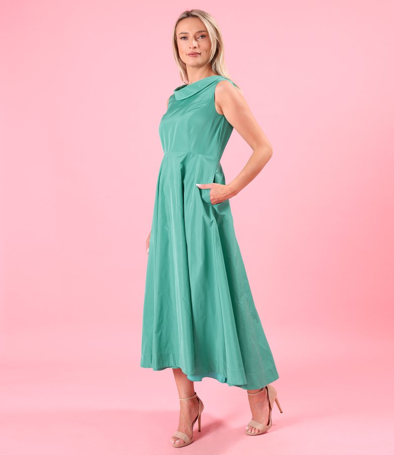 Midi cocktail dress in lightweight taffeta with bias collar and back train