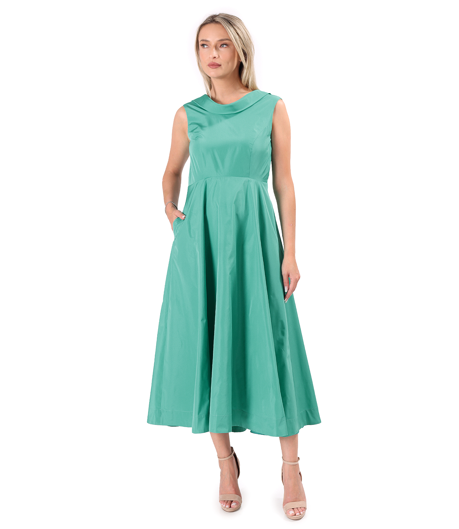 Midi cocktail dress in lightweight taffeta with bias collar and back train