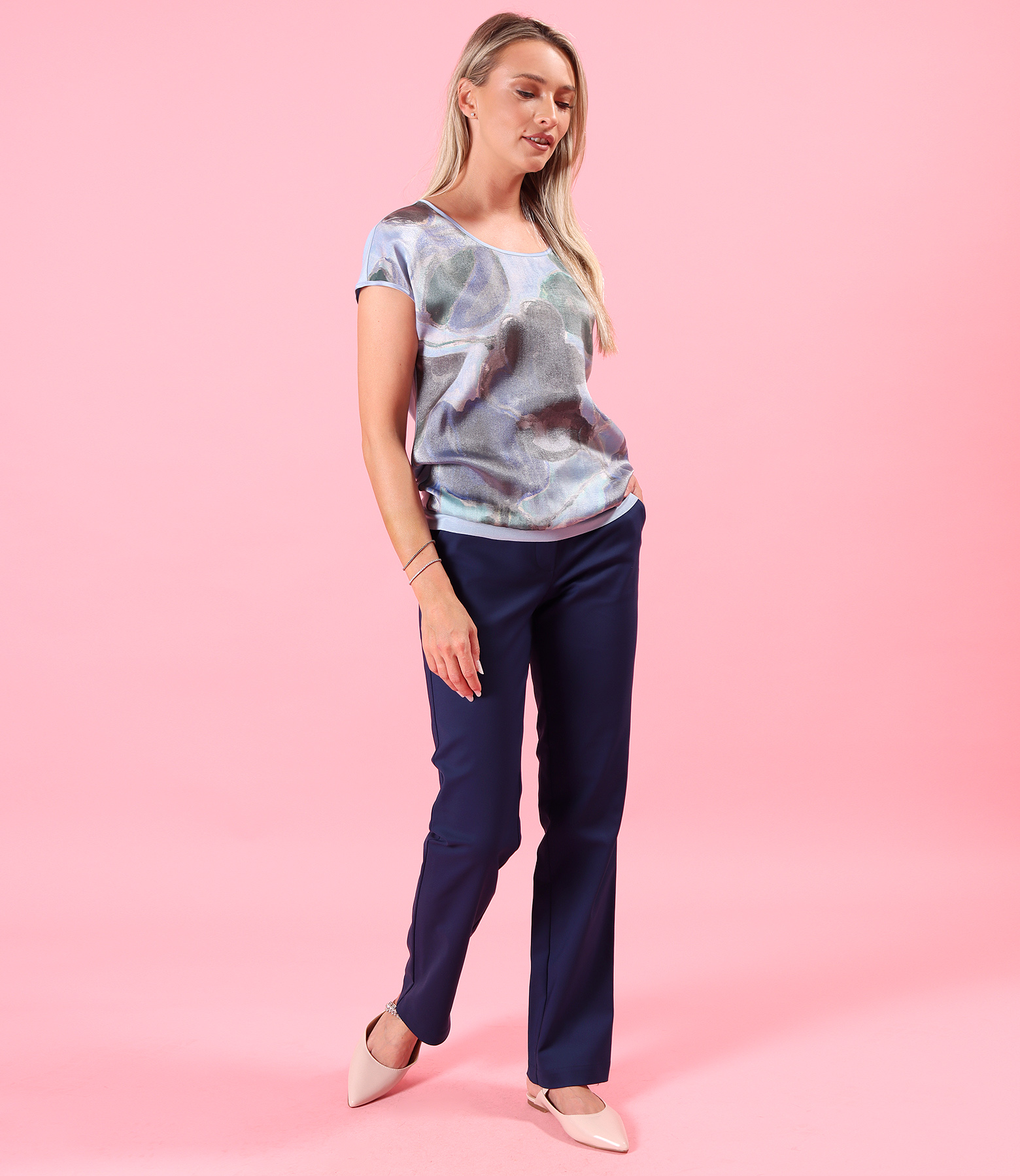 Straight-leg stretch cotton trousers with metallic-effect viscose organza-front blouse