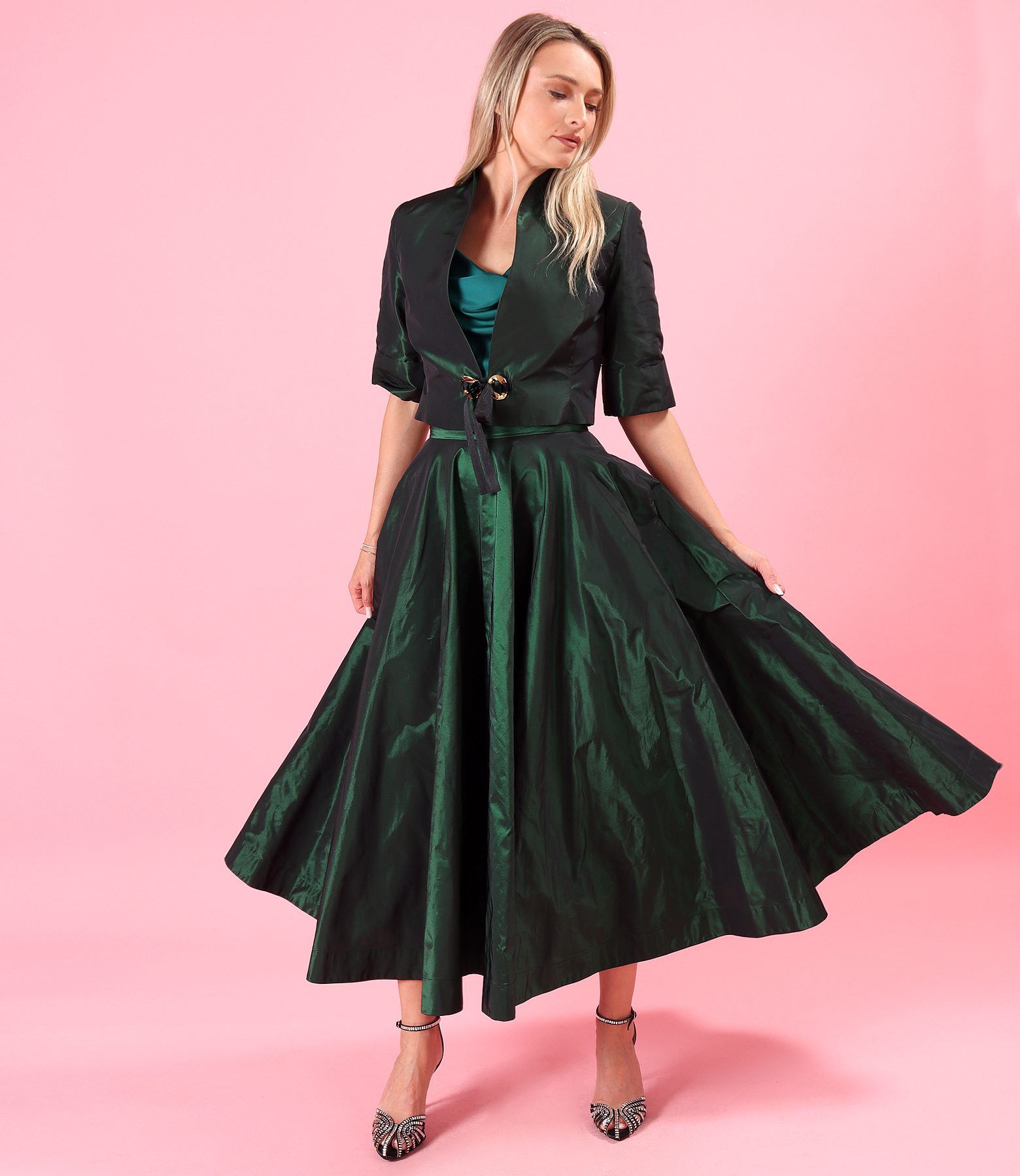 Evening outfit with long skirt and bolero in lightweight shot taffeta