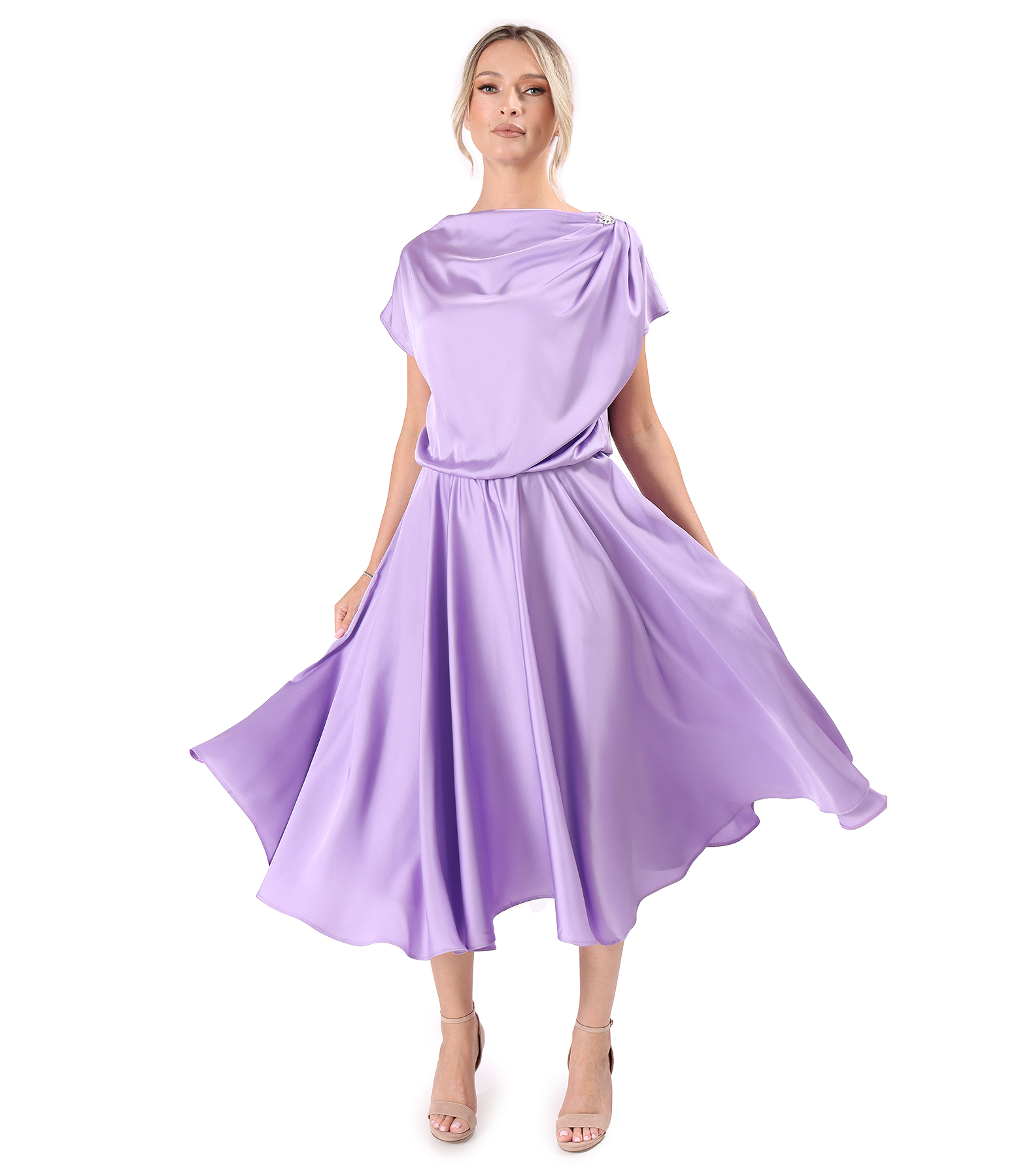 Midi dress in stretch satin with boat neckline