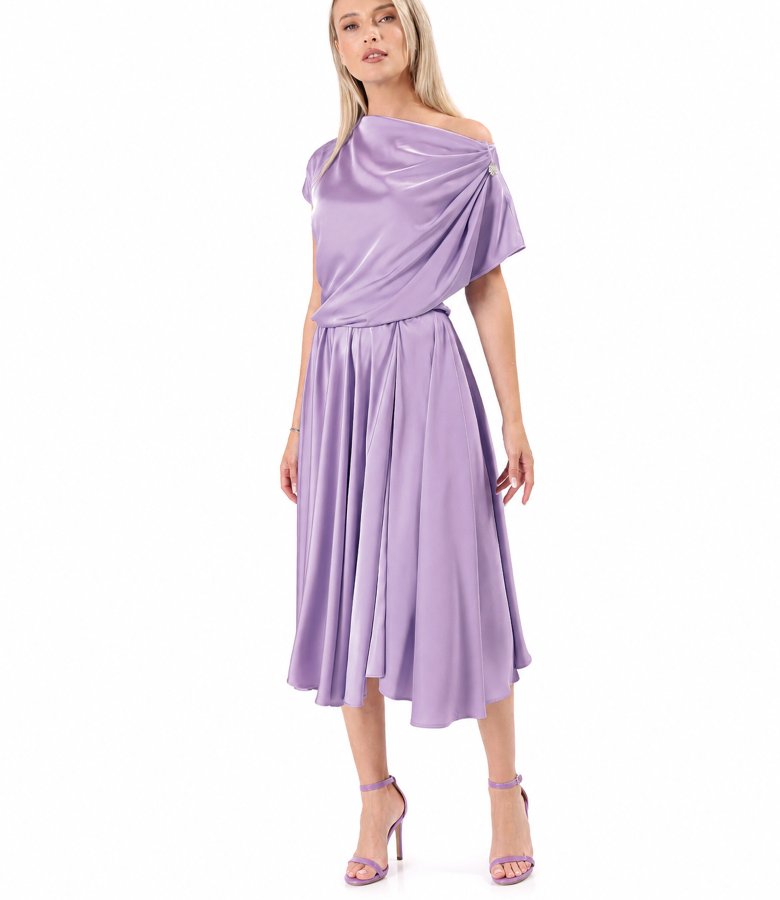 Midi dress in stretch satin with boat neckline