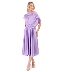 Midi dress in stretch satin with boat neckline