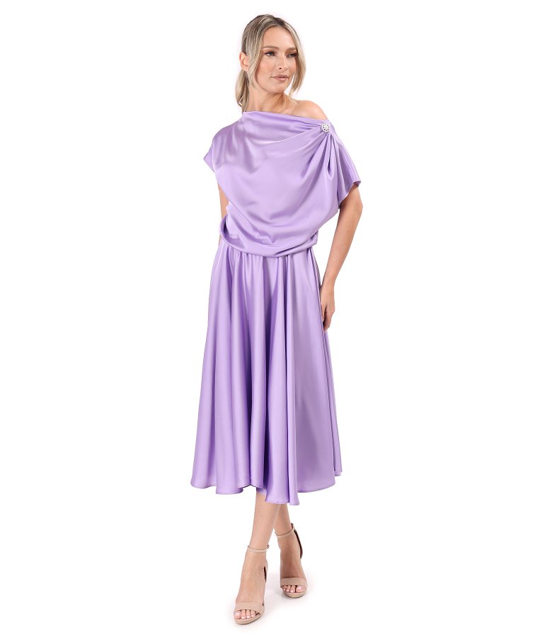 Midi dress in stretch satin with boat neckline