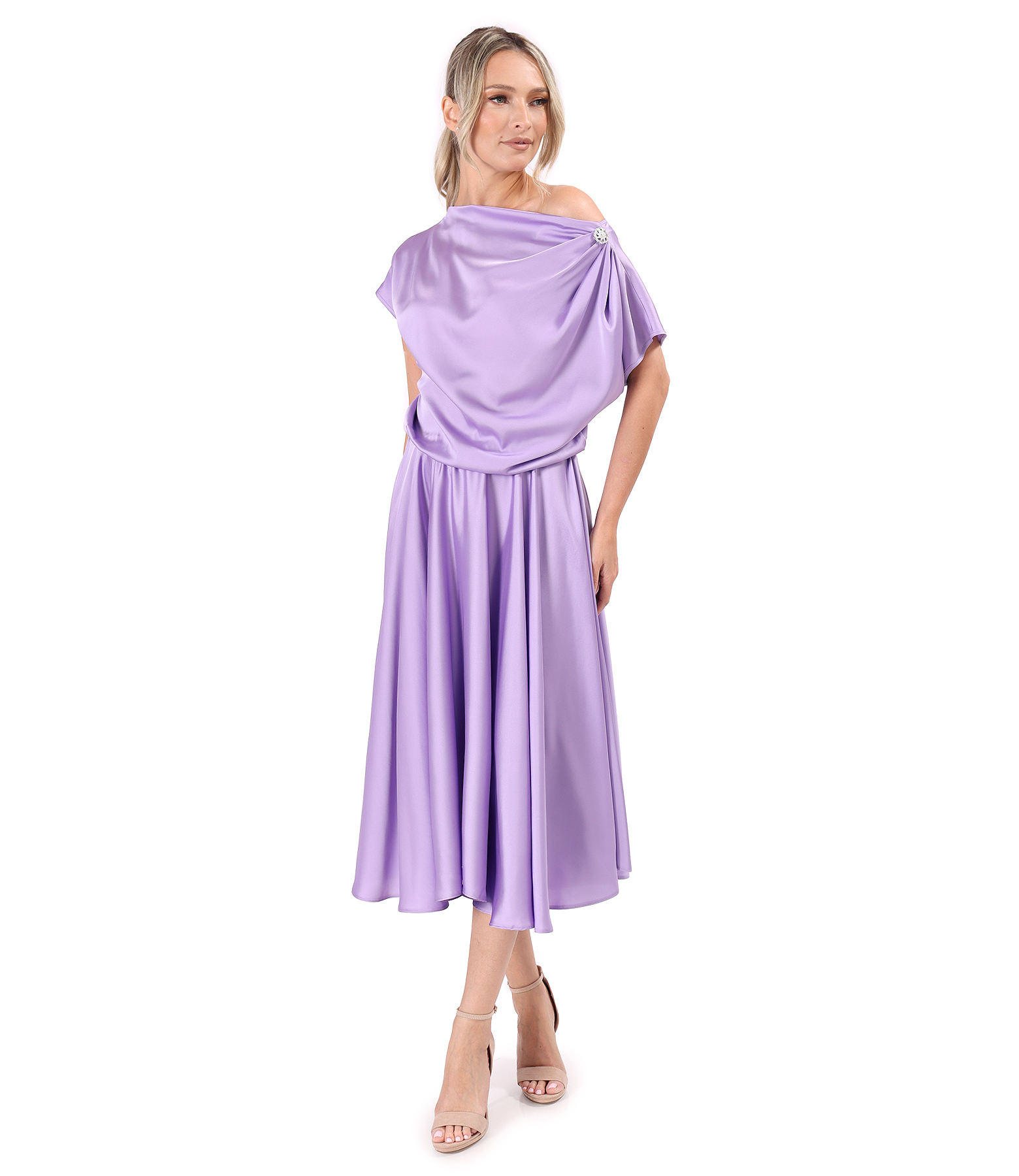 Midi dress in stretch satin with boat neckline